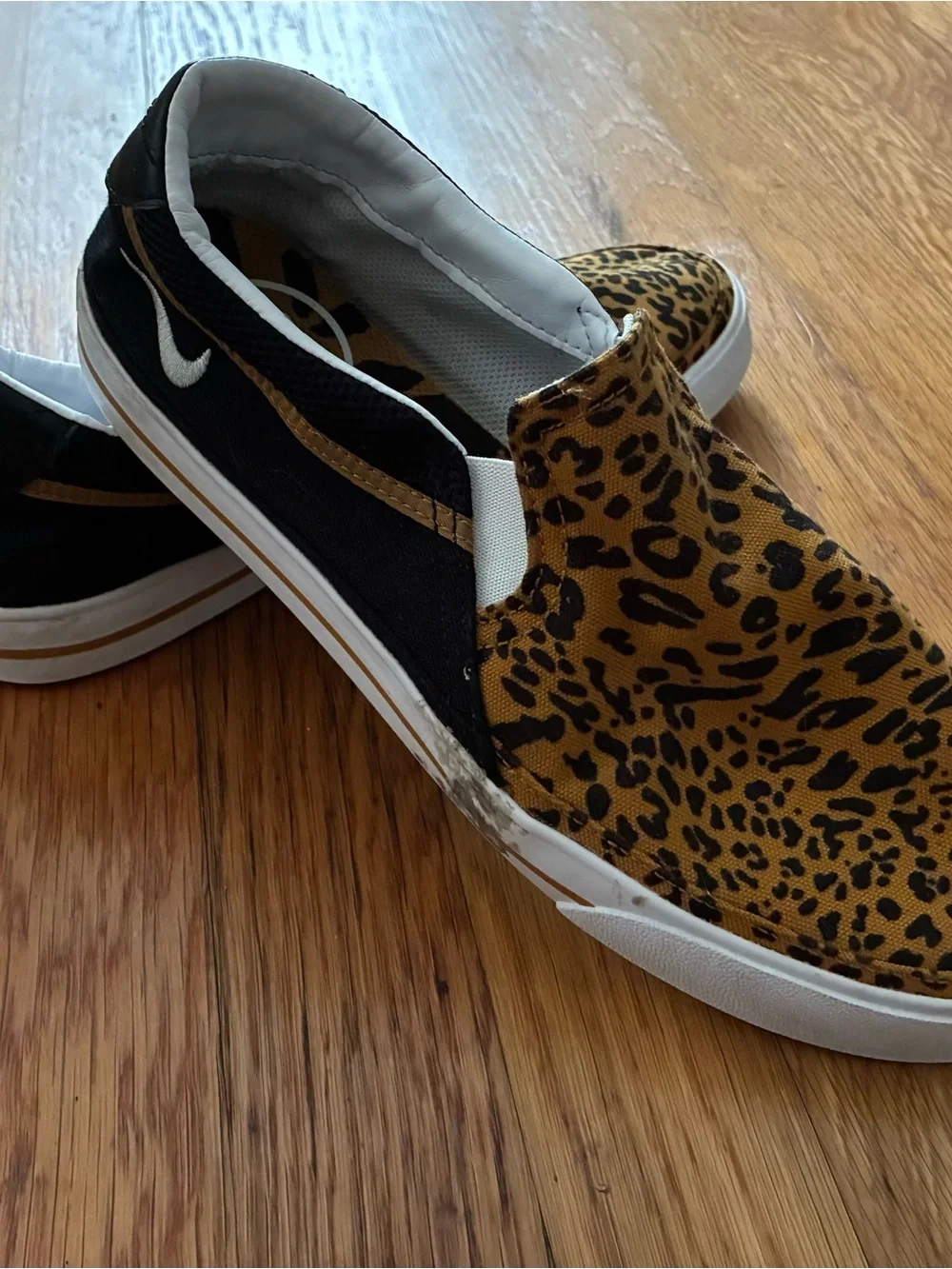 Nike Slip-On Sneakers with Leopard Print — Black, Tan & White